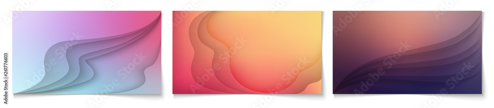 Set of horizontal abstract background with 3D paper layers effect. Wallpaper template is 16:9 aspect ratio. Gradient backdrop. Vector illustration.