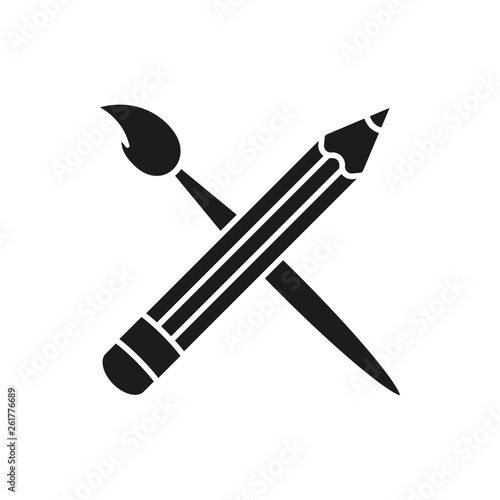 Art brush and pencil crossed icon. Flat design. 
