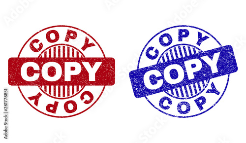 Grunge COPY round stamp seals isolated on a white background. Round seals with grunge texture in red and blue colors. Vector rubber overlay of COPY caption inside circle form with stripes.