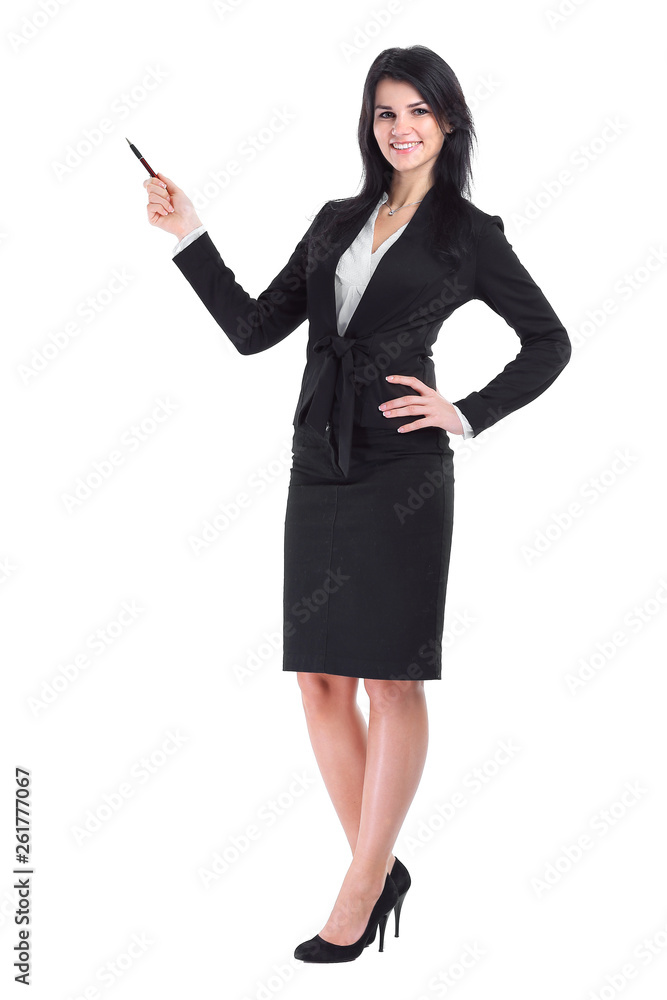 business woman with clipboard pointing to copy space business woman with clipboard pointing to copy space