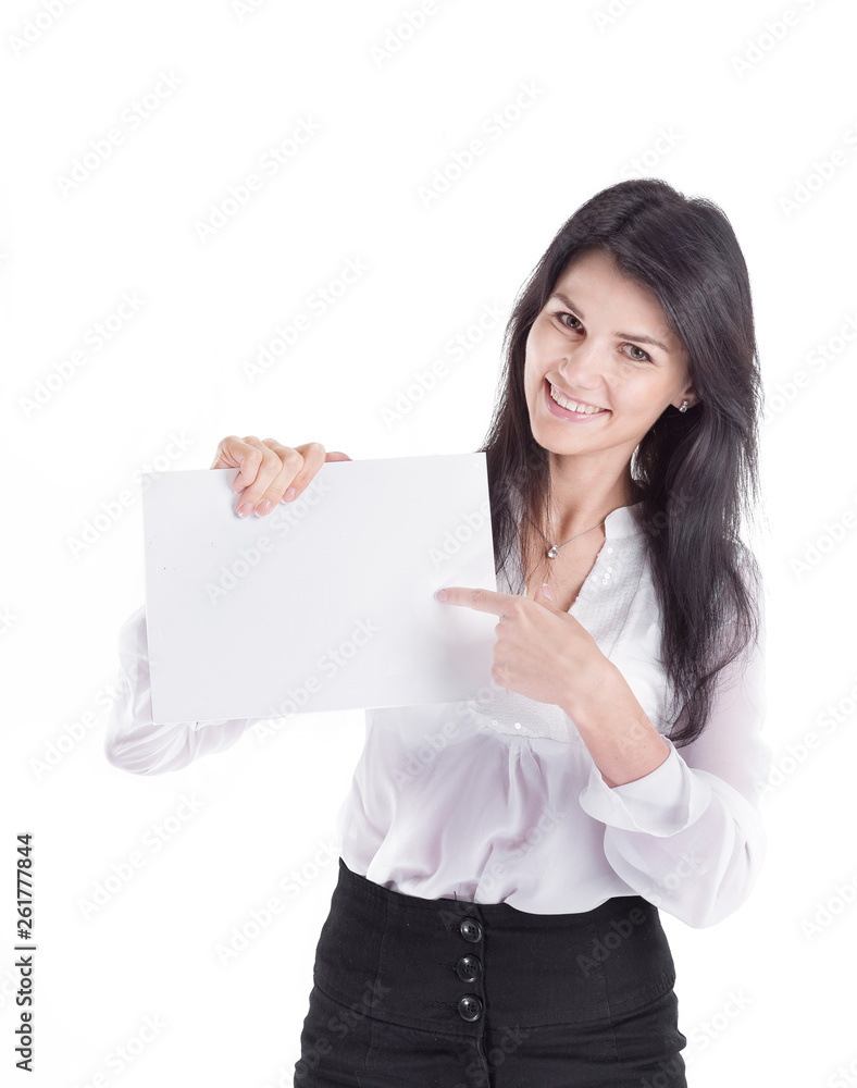 young business woman pointing to a blank piece of paper young business woman pointing to a blank piece of paper