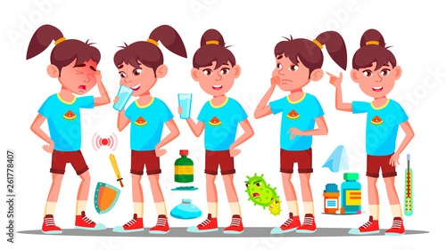 Immunology, Immune System Protection Cartoon Vector Drawing. Immunology Science. Bacterium, Cold, Influenza Virus. Illness Prevention. Girl Drinking Milk. Lactose Intolerance Flat Illustration