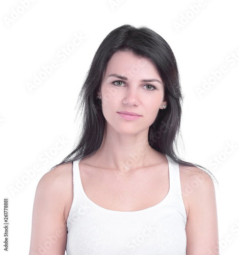 close up portrait of stylish young pretty woman smiling in white t-shirt © yurolaitsalbert