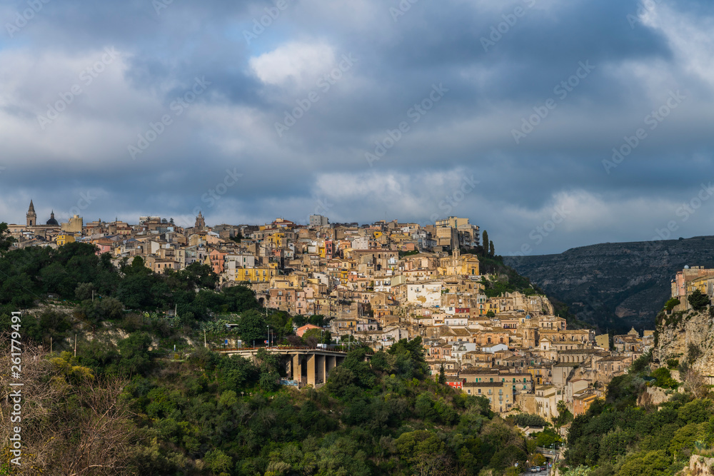 Panoramic view of the ancient baroque town Ragusa in Sicily, south Italy