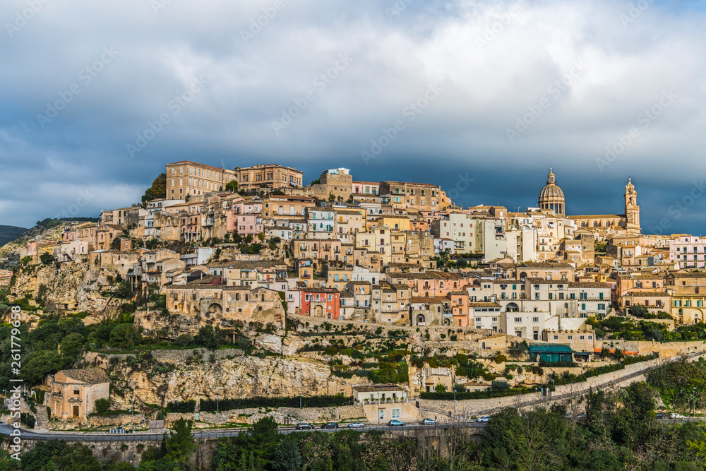 Panoramic view of italian baroque town on the hills Ragusa in the island Sicily, Italy