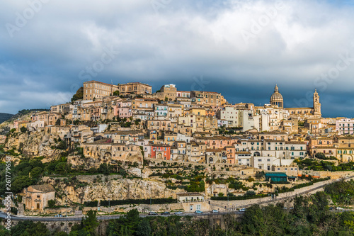 Panoramic view of italian baroque town on the hills Ragusa in the island Sicily, Italy