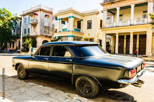 Havana, Cuba - 2019. Black classic American car on the streets of Havana, tourist attraction.