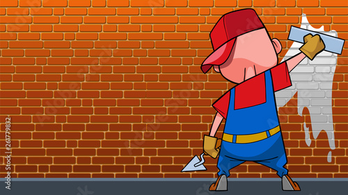 cartoon man with paint roller paints a brick wall