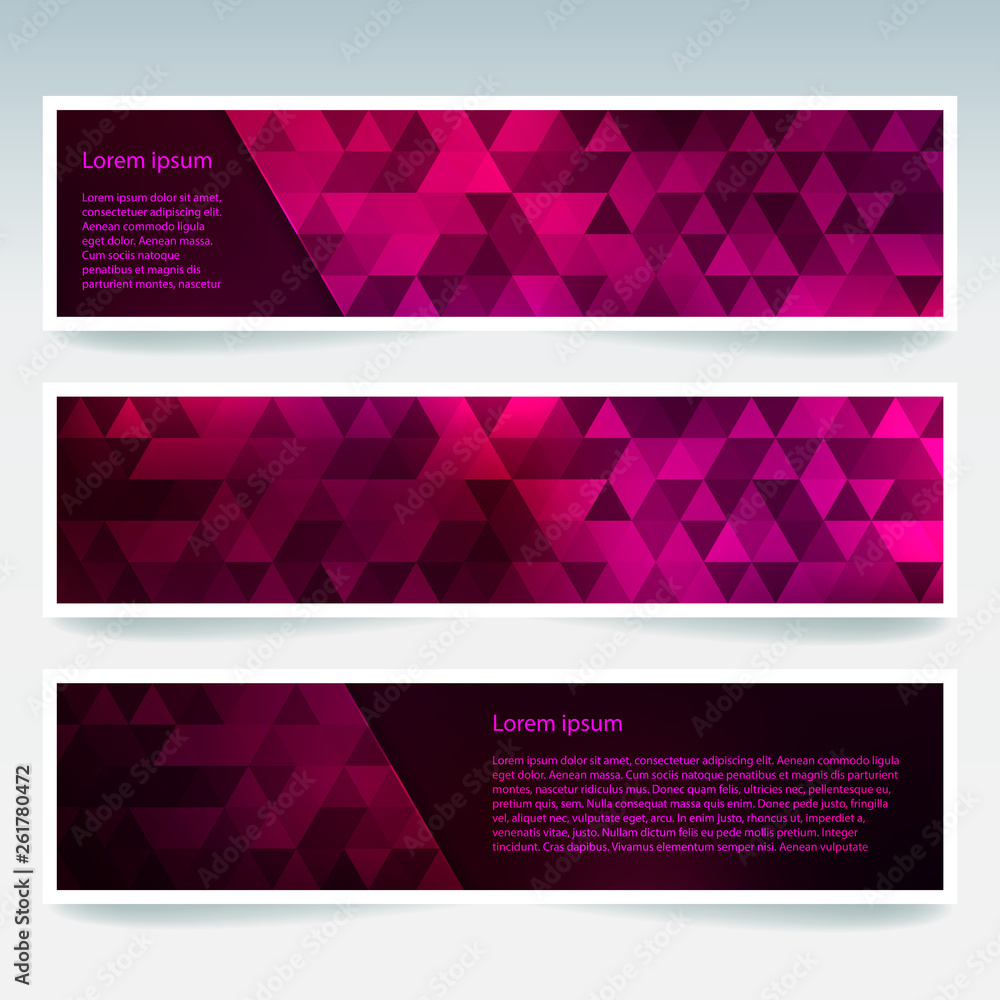 Abstract banner with business design templates. Set of Banners with polygonal mosaic backgrounds. Geometric triangular vector illustration. Pink, purple colors. Abstract banner with business design templates. Set of Banners with polygonal mosaic backgrounds. Geometric triangular vector illustration. Pink, purple colors.