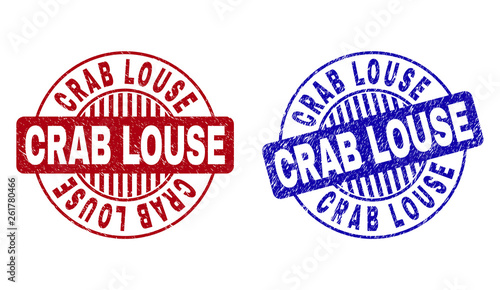 Grunge CRAB LOUSE round stamp seals isolated on a white background. Round seals with grunge texture in red and blue colors. Vector rubber overlay of CRAB LOUSE caption inside circle form with stripes.