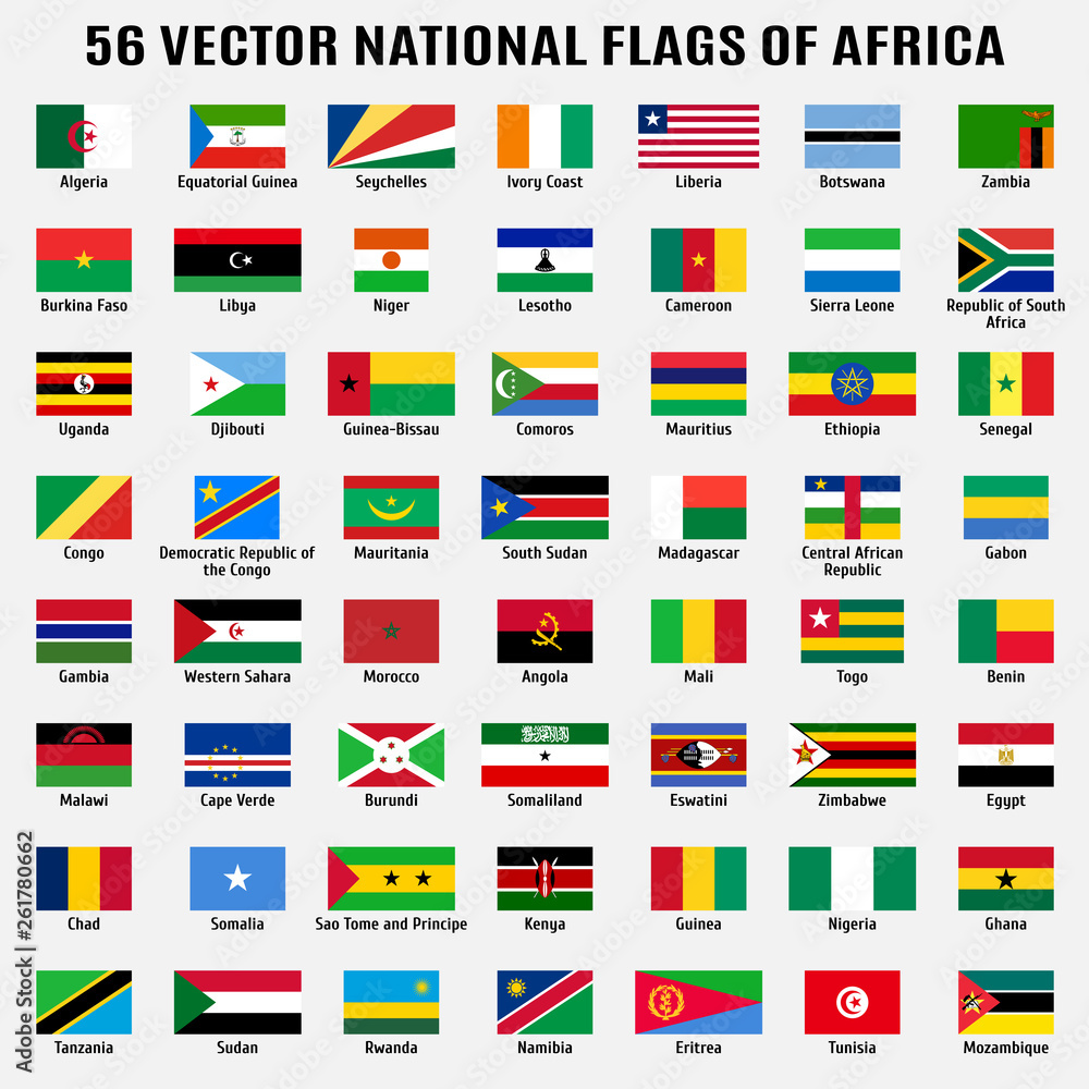 Vector collection of 56 national flags with detailed emblems of Africa in correct proportion Vector collection of 56 national flags with detailed emblems of Africa in correct proportion