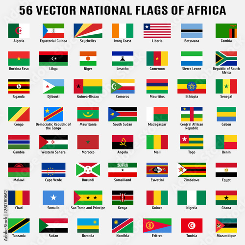Vector collection of 56 national flags with detailed emblems of Africa in correct proportion