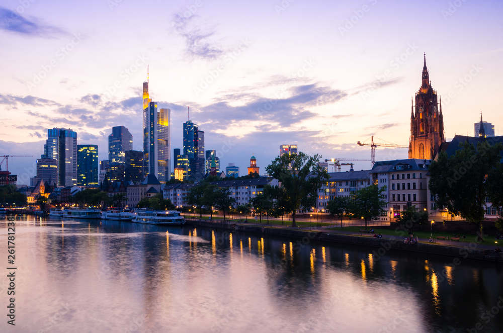 Frankfurt city skyscrapers in downtown at sunset