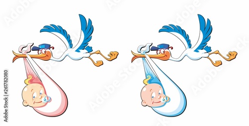 Cute cartoon stork and baby. Flying bird carrying newborn baby isolated on white background.