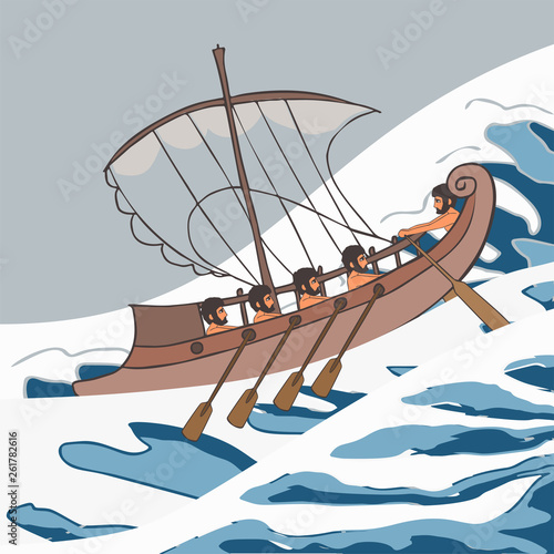 cartoon ancient vessel at sea storm