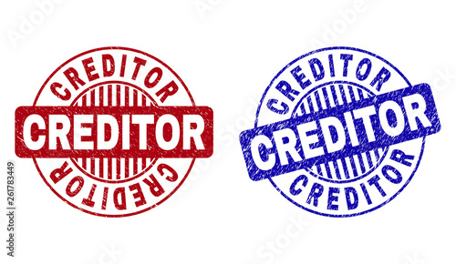 Grunge CREDITOR round stamp seals isolated on a white background. Round seals with grunge texture in red and blue colors. Vector rubber overlay of CREDITOR text inside circle form with stripes.
