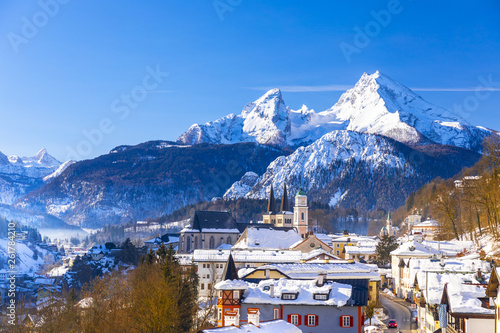 Historic town of Berchtesgaden with famous Watzmann mountain in the background, National park Berchtesgadener, Upper Bavaria, Germany photo