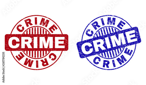 Grunge CRIME round stamp seals isolated on a white background. Round seals with grunge texture in red and blue colors. Vector rubber watermark of CRIME text inside circle form with stripes.