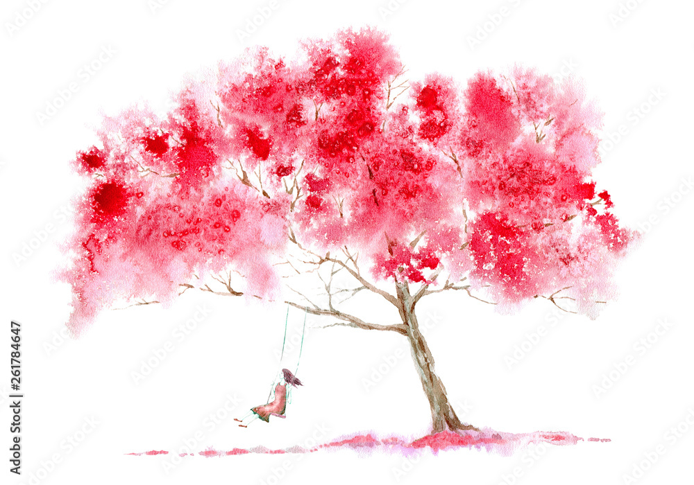 Blossom cherry tree and girl on swing . Spring rural landscape. Watercolor hand drawn illustration.White background. Blossom cherry tree and girl on swing . Spring rural landscape. Watercolor hand drawn illustration.White background.