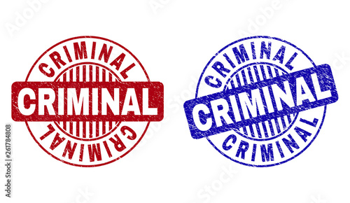 Grunge CRIMINAL round stamp seals isolated on a white background. Round seals with grunge texture in red and blue colors. Vector rubber overlay of CRIMINAL title inside circle form with stripes.