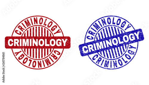 Grunge CRIMINOLOGY round stamp seals isolated on a white background. Round seals with distress texture in red and blue colors.