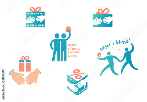 Color graphic set, collection of icons, symbols or banners for referral program. Bring, refer friend and get gift or discount. Vector illustration isolated on background. Friend Sharing Referral Code.