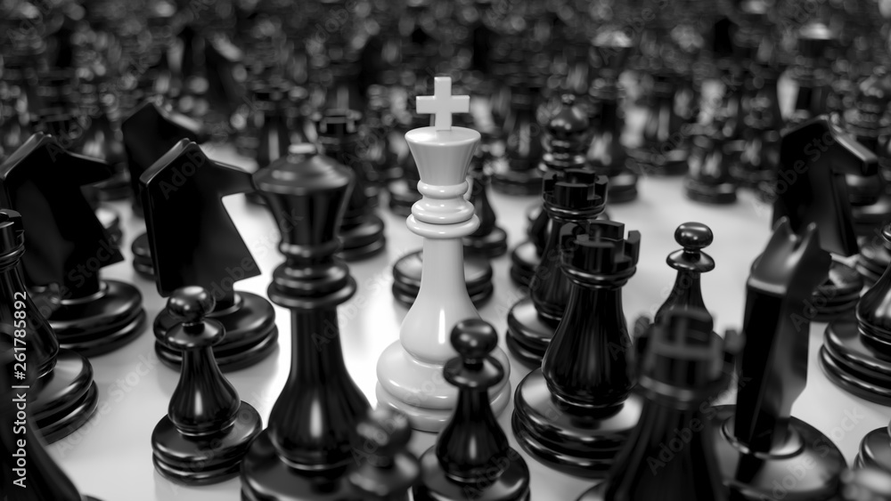 white king stands among various black chess pieces, 3d illustration