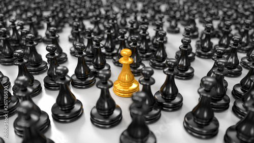 golden pawn stands among a huge crowd of black pawns, 3d illustration
