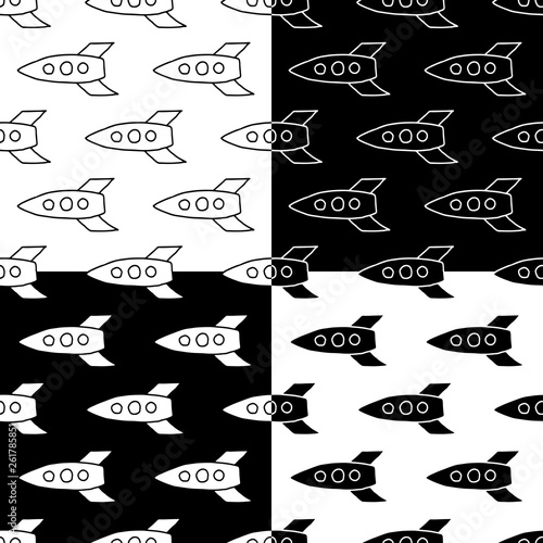 Cute cartoon space pattern set with hand drawn rockets. Sweet vector black and white space pattern set. Seamless monochrome doodle space pattern set for textile, wallpapers, wrapping and web.