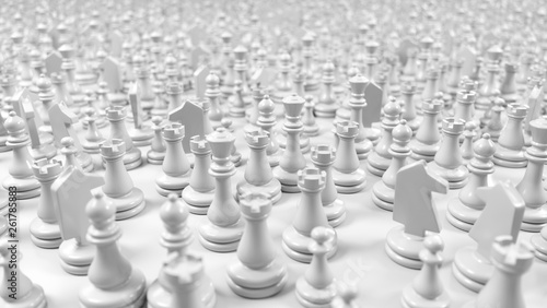 large crowd of white chess pieces, 3d illustration
