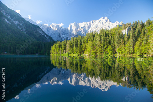 Beautiful morning scene with alpine peaks reflecting in tranquil mountain lake