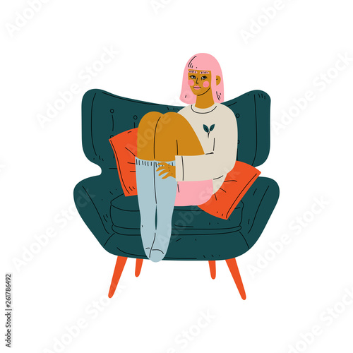 Young Woman Sitting in Armchair, Girl Spending Weekend at Home and Relaxing Vector Illustration