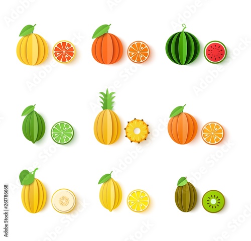 Set of tropical fruits in paper cut style. Whole and sliced orange, tangerine, pineapple, lime, lemon, grapefruit, melon, watermelon, kiwi in origami art. Vector card illustration