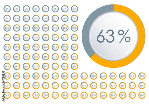 Percentage diagram set. Circle Pie Chart from 1 to 100 percent. Design element for infographic, UI, web design, business presentation. Progress bar template. Vector illustration.