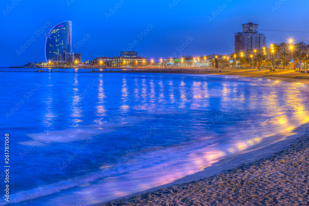 Serene, beautiful evening on La Barceloneta beach Barcelona Catalonia Spain