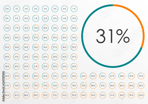 Circle Pie Chart from 1 to 100 percent. Percentage diagram set for infographic, UI, web design. Progress bar template. Vector illustration.