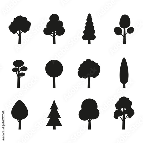 Tree icon set. Plants with leafs silhouettes. Forest and garden symbol. Vector illustration.