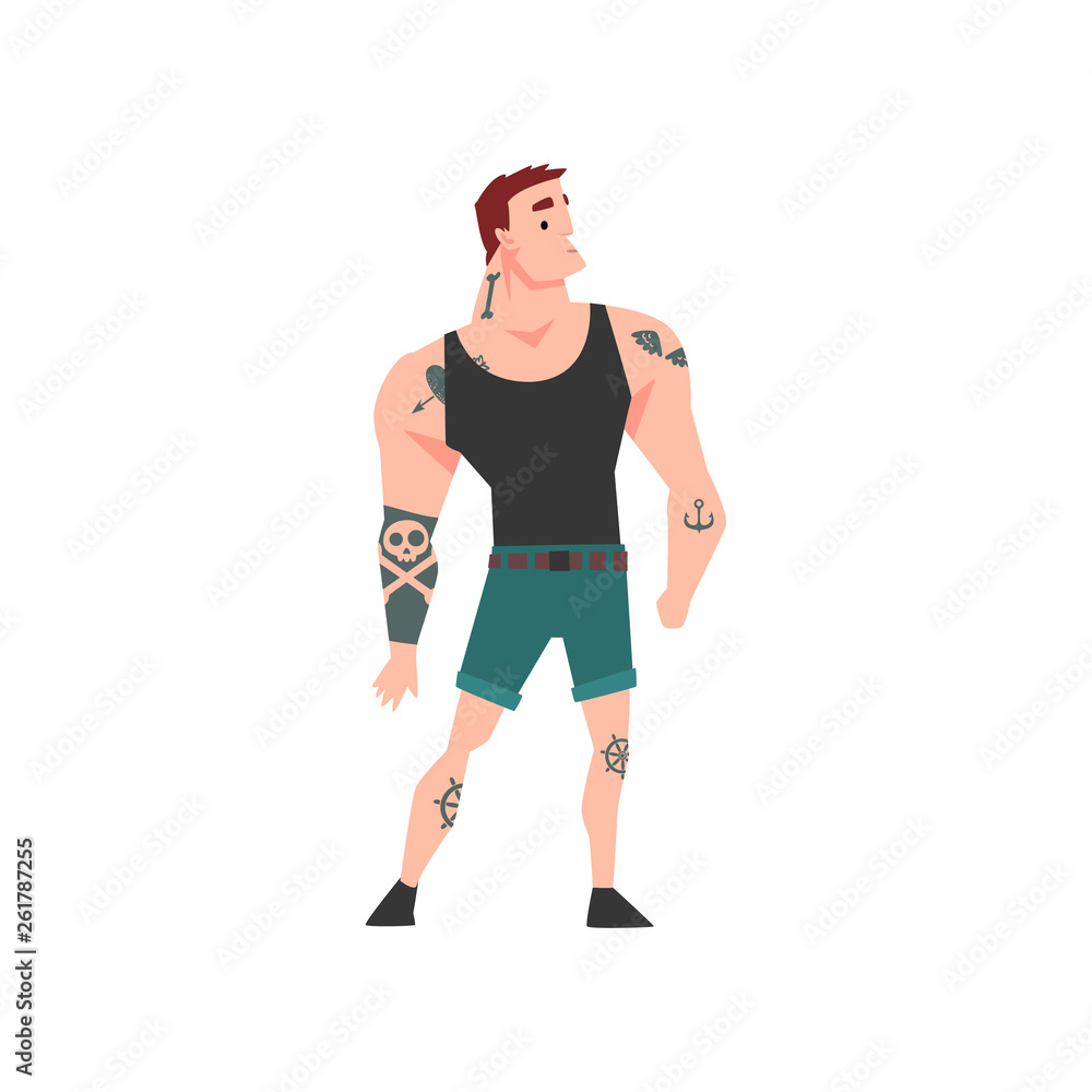 Brutal Muscular Man with Tattoo, Attractive Tattooed Guy Wearing Black Sleeveless Shirt Vector Illustration Brutal Muscular Man with Tattoo, Attractive Tattooed Guy Wearing Black Sleeveless Shirt Vector Illustration
