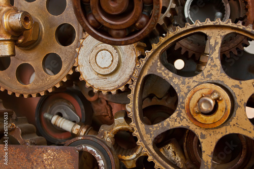 Old engine gear wheels, closeup view. Retro style.