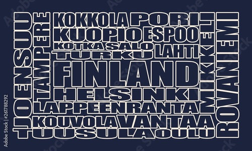 Finland cities list in words cloud. Outline text