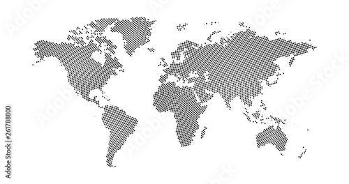 Black halftone circle dotted world map. Vector illustration. Dotted map in flat design. Vector illustration isolated on white background