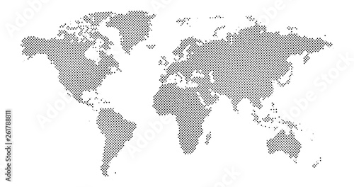 Black halftone dotted world map. Vector illustration. Dotted map in flat design. Vector illustration isolated on white background