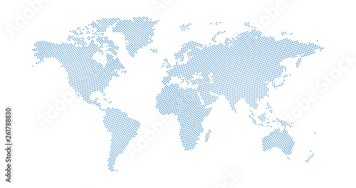 Black halftone circled dotted blue world map. Vector illustration. Dotted map in flat design. Vector illustration isolated on white background