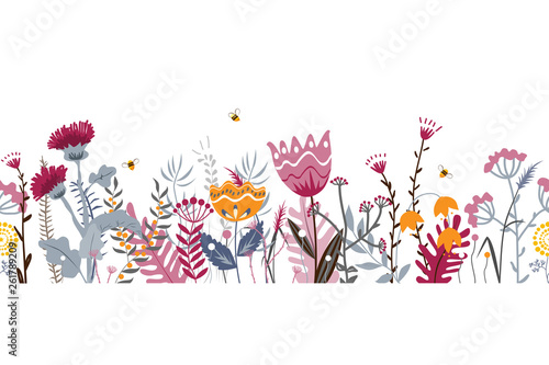 Vector nature seamless background with hand drawn wild herbs, flowers and leaves on white. Doodle style floral illustration.