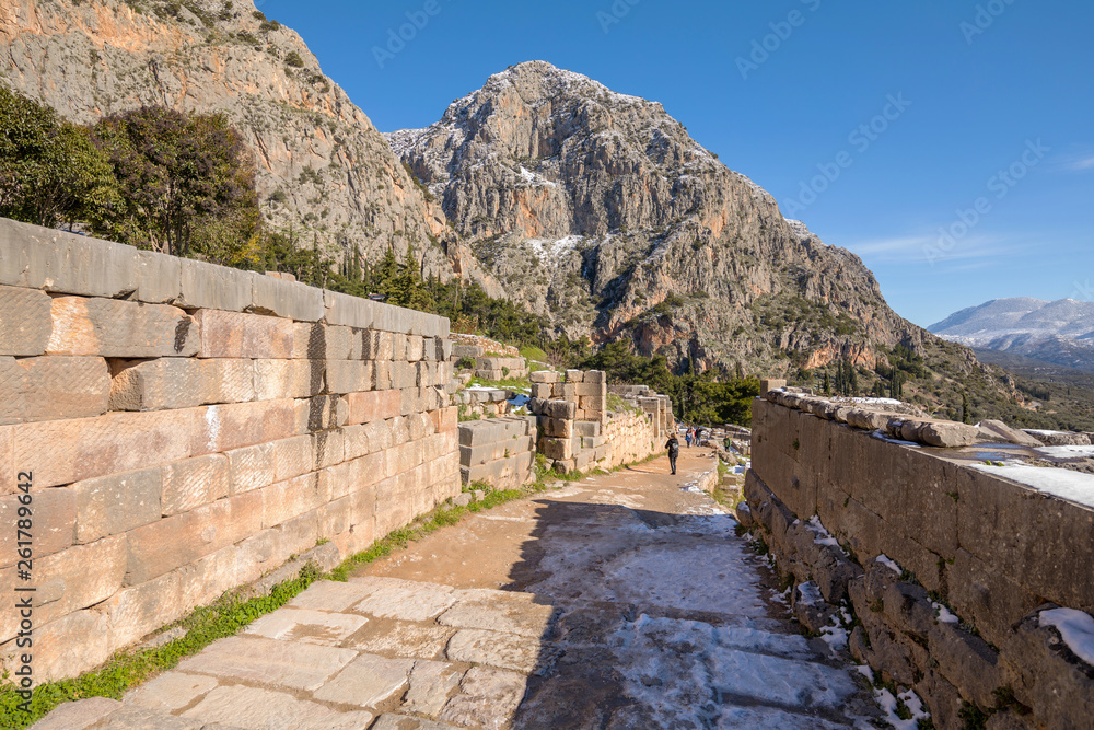 Delphi archaeological site with snow in a sunny day Delphi archaeological site with snow in a sunny day