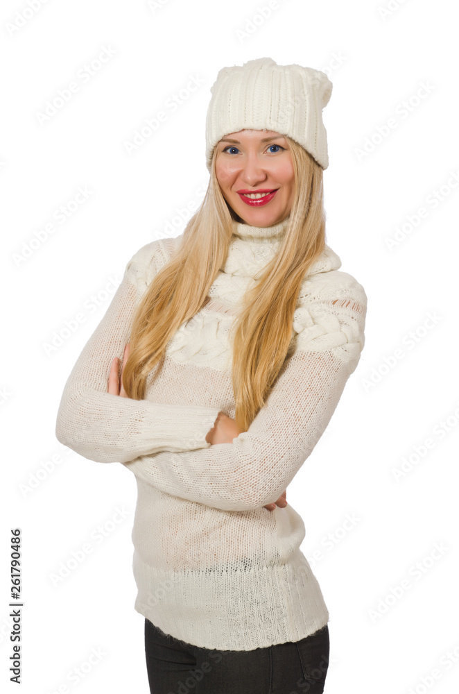 Woman wearing warm clothing on white