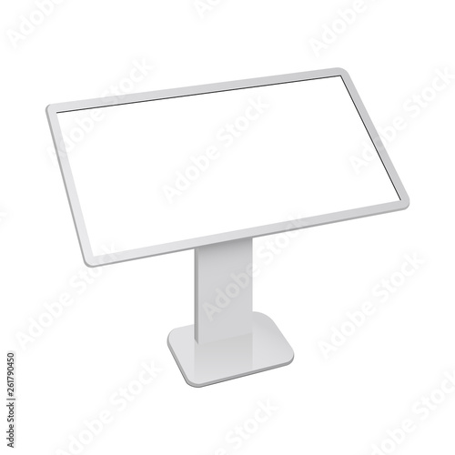 Interactive digital kiosk with blank touch screen - side view. Vector illustration