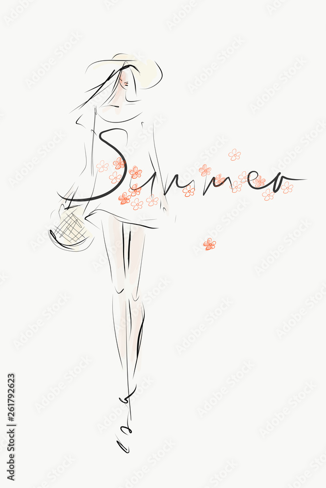 Girl in summer outfit. Hand-drawn fashion illustration. Sketch, vector Girl in summer outfit. Hand-drawn fashion illustration. Sketch, vector