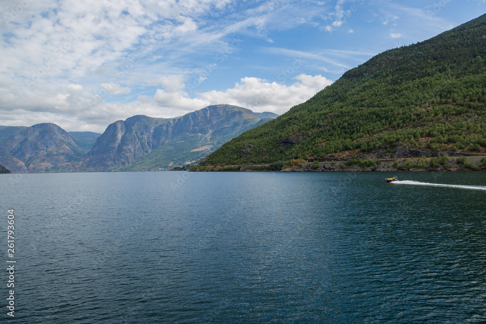 Norwegian fjord with a speed boat at the background 
