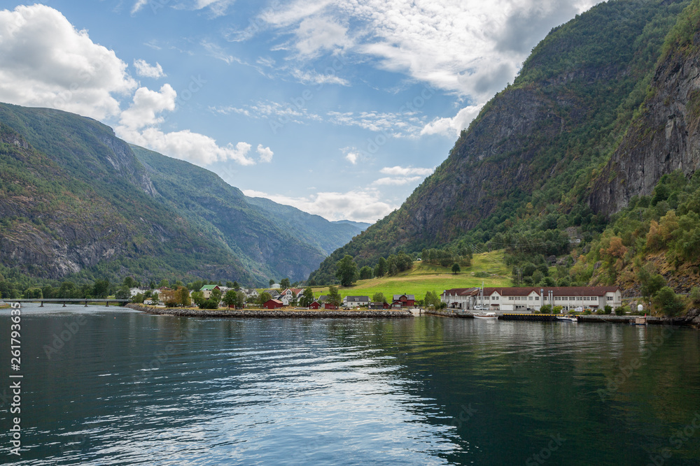 Norwegian fjord with small settlement 